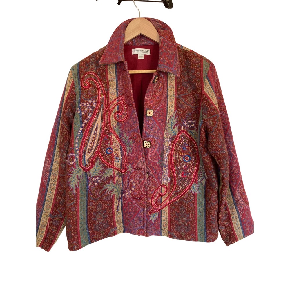 Coldwater Creek Red Paisley Tapestry Embroidered Sequin Button Front Jacket S